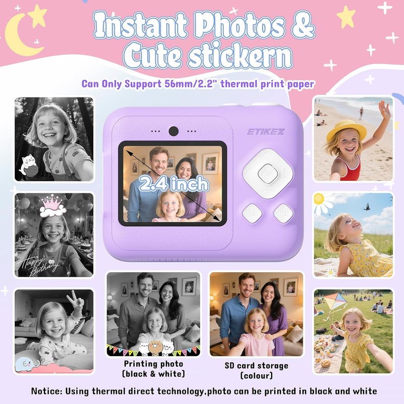 ETIKEZ Instant Print Camera for Kids, HD Digital Camera, Christmas Birthday Gifts for 4 5 6 7 8 9 10 Year Old Girls Boys, Portable Toy Camera with 32GB SD Card & 3 Rolls Printing Paper, Violet - Image 3